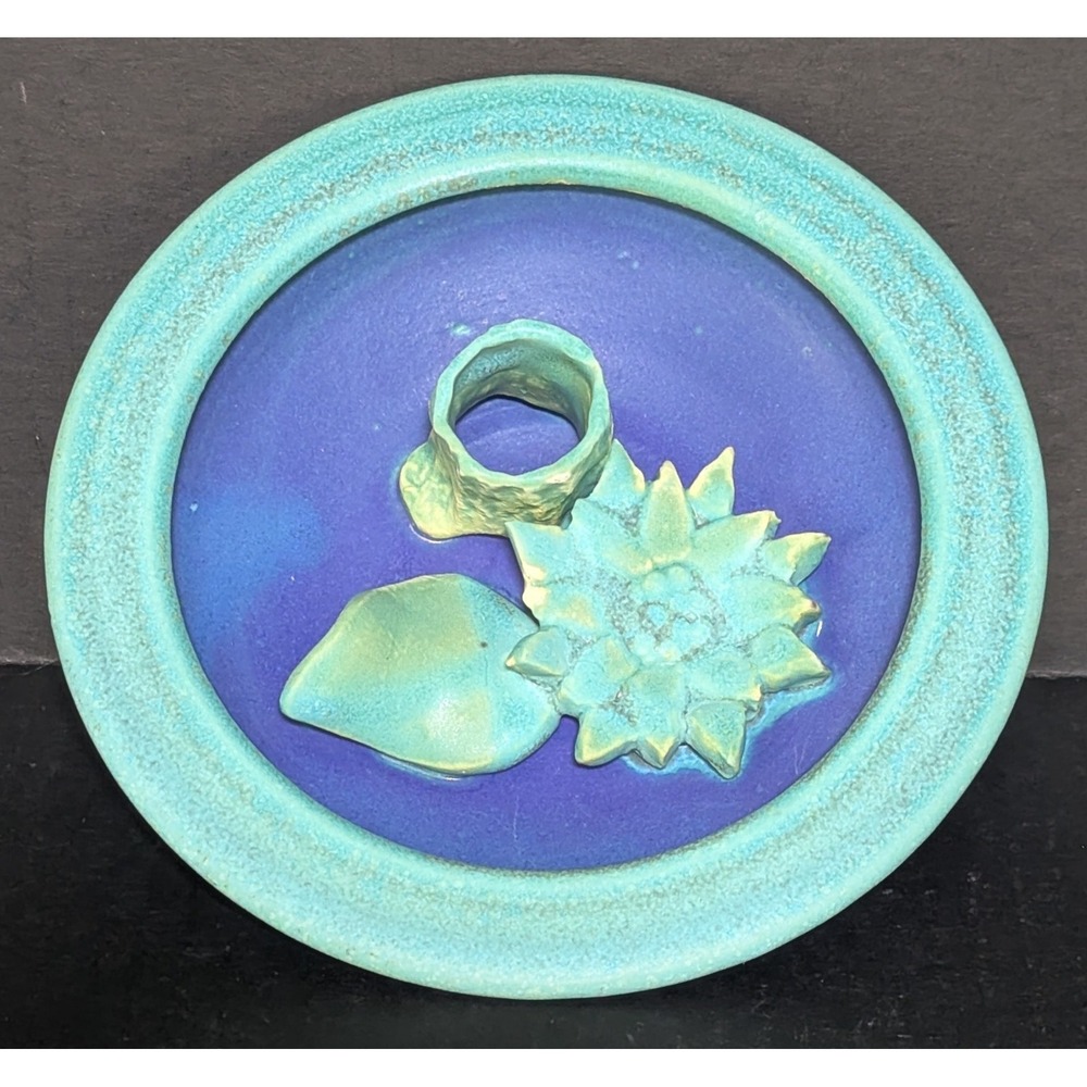Vtg 1991 Signed Candace Young Studio Pottery Turquoise & Cobalt Candle‎ Holder